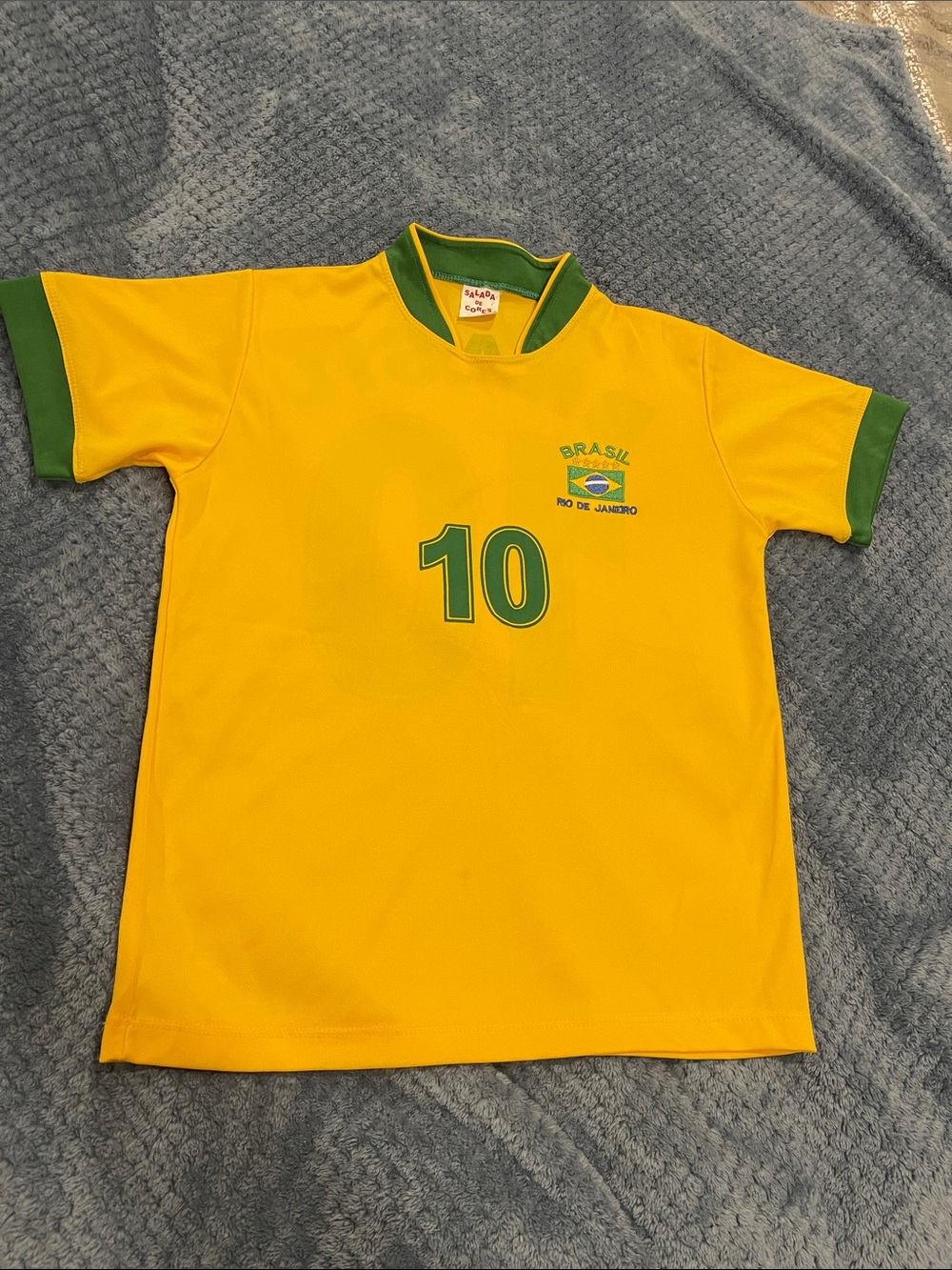 Kids Brazil Soccer Jersey - Yellow with Green Trim, Number 10